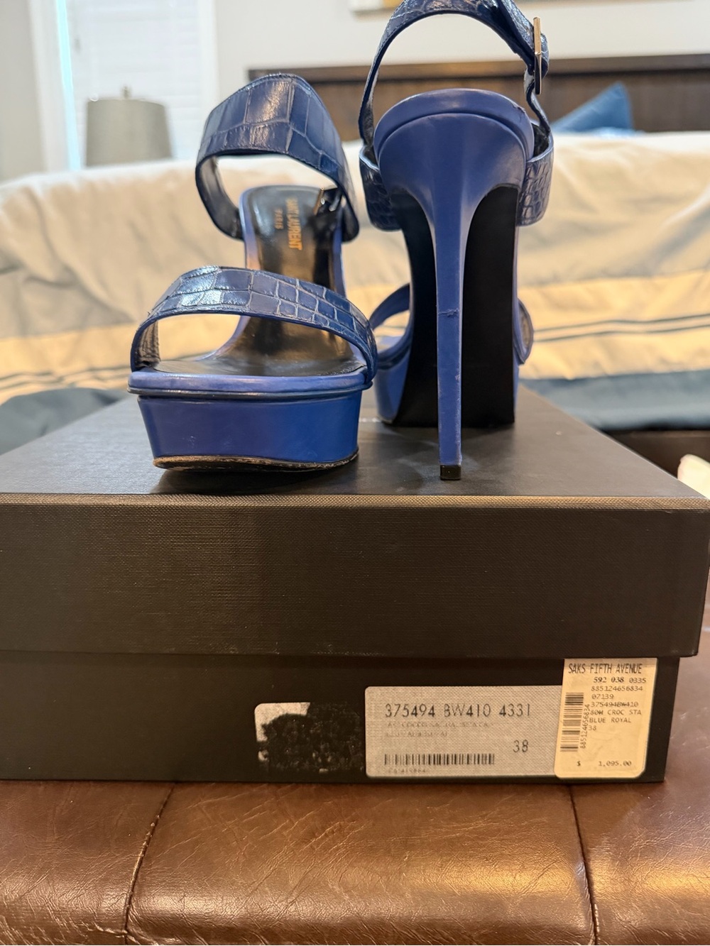 Yves Saint Laurent Cobalt Blue Croc-Embossed Platform Sandals